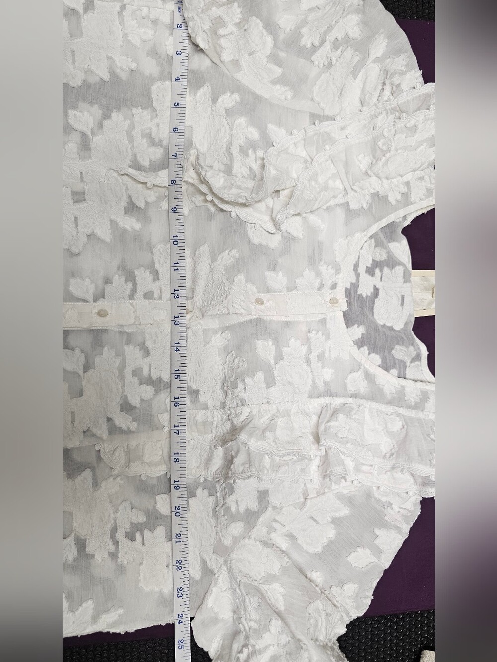 Sezane Jordanna Blouse White Floral Devoré Lace Ruffle Puff Sleeve Sz EU 46 US14 - Picture 9 of 11